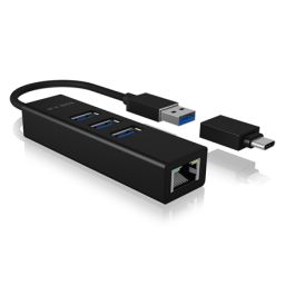 Jungčių stotelė Raidsonic 4 Port Hub with USB 3.0 Type-A, Type-C, Gigabit LAN Icy Box IB-HUB1419-LAN Black